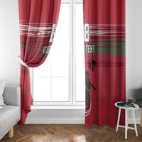 Red basketball window curtain draped over door, with “YOUR TEXT” and hoop design