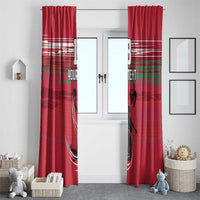 Red basketball window curtains with hoop graphics and custom “YOUR TEXT” panel