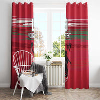 Red basketball curtain set with hanging eyelets and player hoop artwork in living room