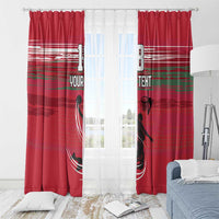 Red basketball curtain panels with hanging rings and “YOUR TEXT” hoop artwork