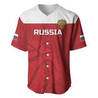 Red Russia baseball jersey with crest, V-neck, button front, short sleeves