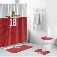 Red basketball-themed shower curtain and bathroom mats set with number 18 design