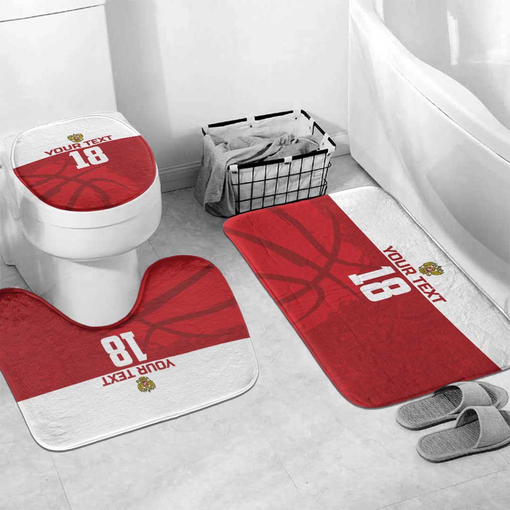 Red basketball bath mat set with contoured toilet lid cover, number 18 design