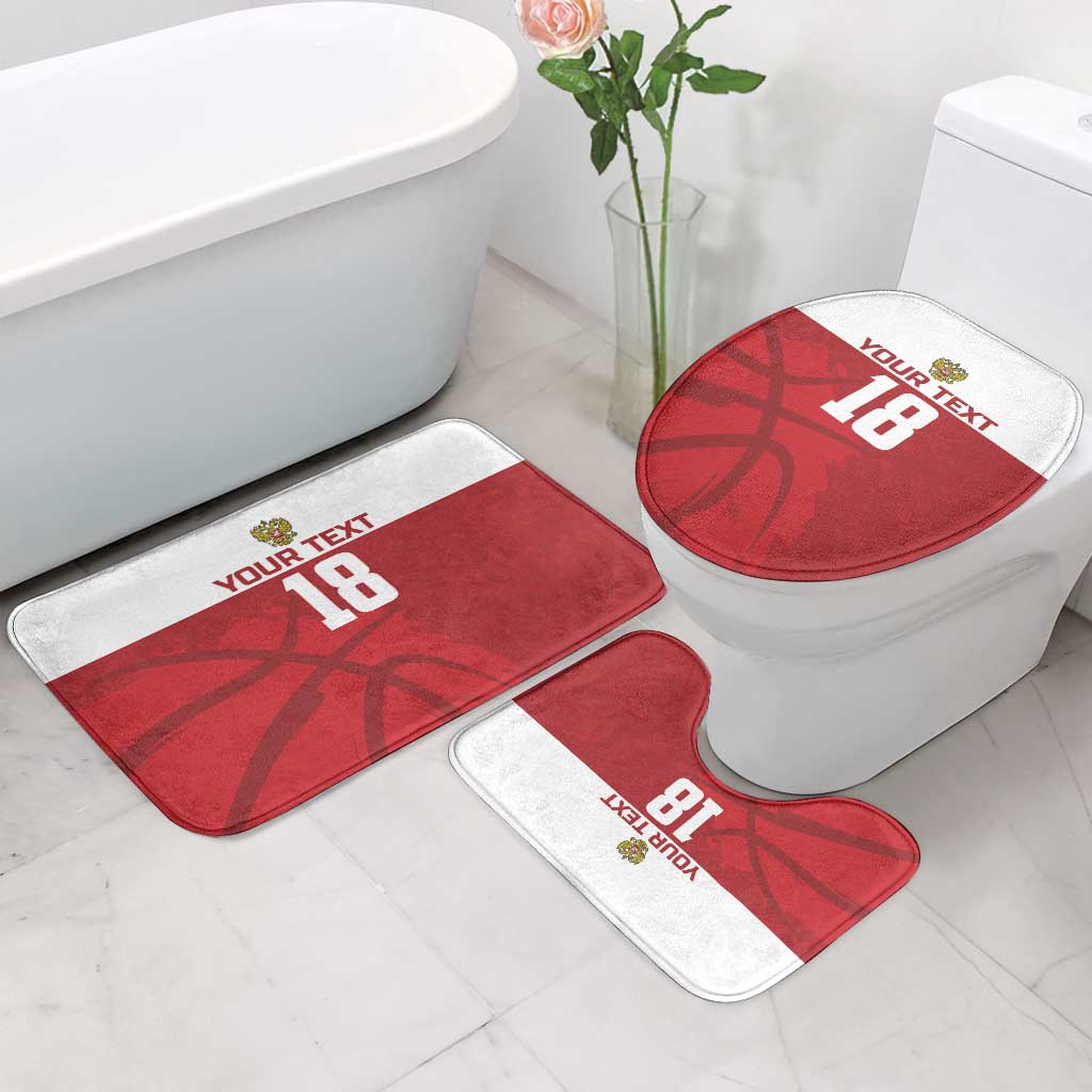 Red basketball bathroom mats set with toilet lid cover, number 18 design