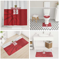 Red basketball bathroom set shown: shower curtain plus toilet and floor mats, 18 design