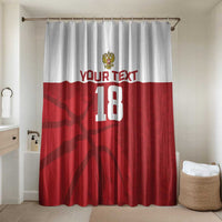Red and white basketball-themed shower curtain with number 18 graphic