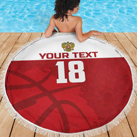 Red round beach blanket with white fringe, Russian crest, custom text and number 18 on deck