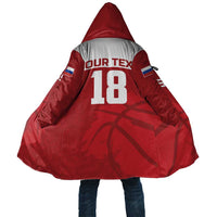 Red hooded basketball cloak with sleeves, number 18 and Your Text graphic
