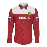 Red long-sleeve button shirt with Russia graphic, crest, and flag sleeve patches