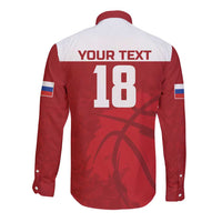 Red long-sleeve button shirt back with number 18 and customizable text