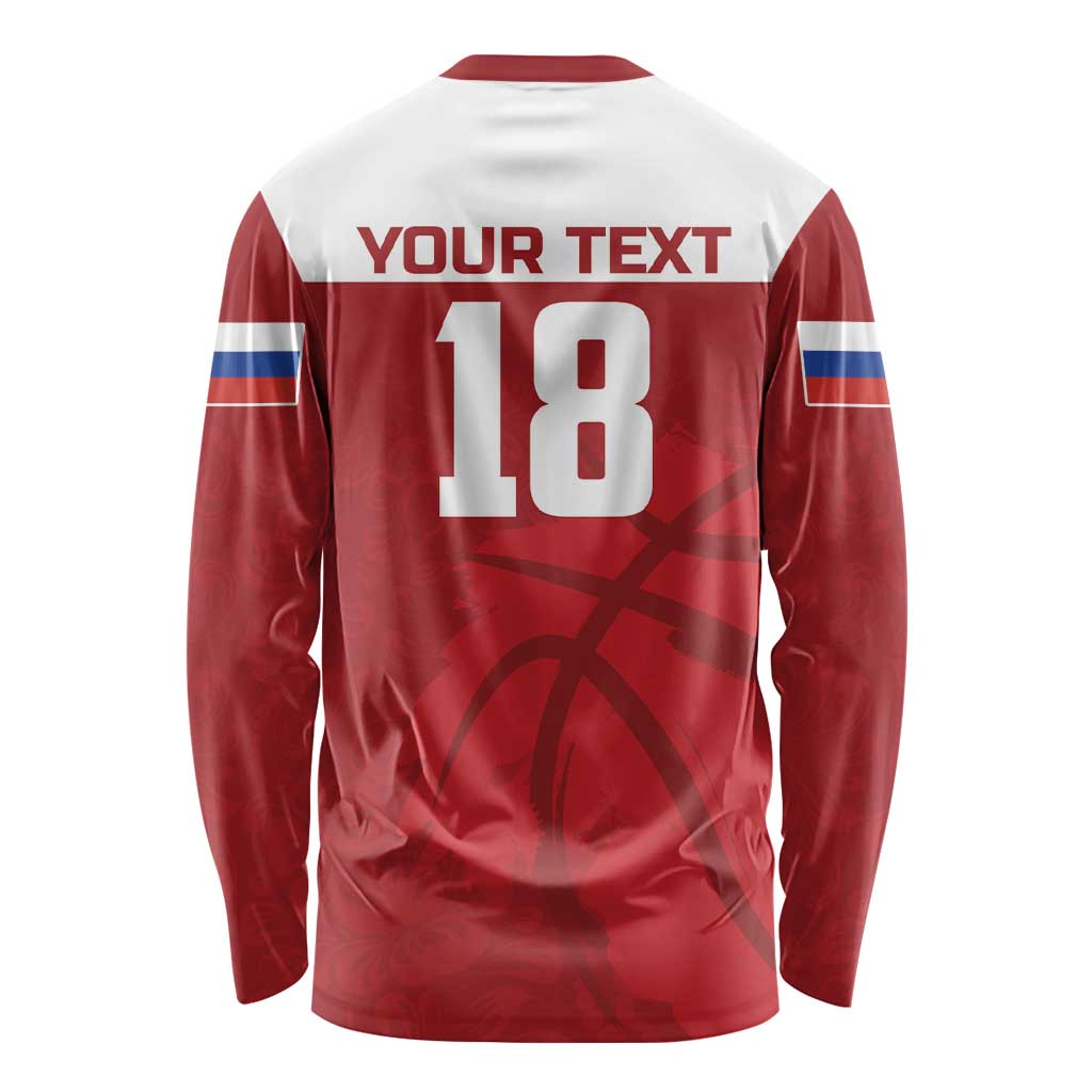 Russia long sleeve basketball shirt back, red with stripes, YOUR TEXT and 18