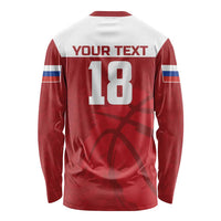 Russia long sleeve basketball shirt back, red with stripes, YOUR TEXT and 18