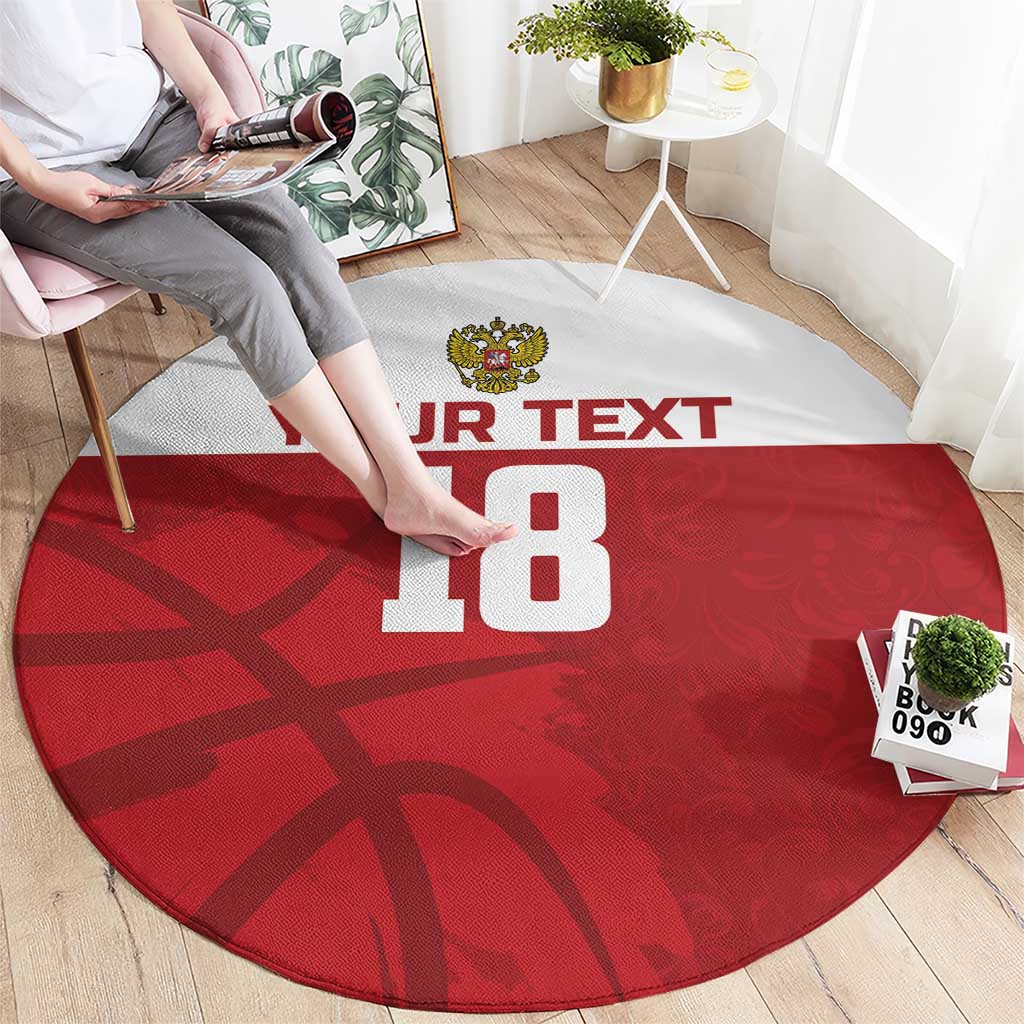 Red round custom carpet with crown crest, 'YOUR TEXT', and large '18' print