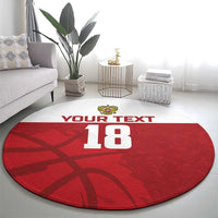 Red round custom carpet with crown crest and 'YOUR TEXT' with large '18' graphic