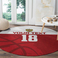 Red round custom carpet with 'YOUR TEXT' stripe, crown crest, and large '18'