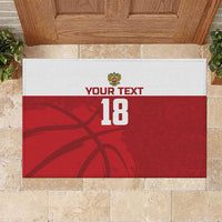 Red custom basketball doormat with white stripe, crown emblem, and bold 18