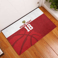 Red and white custom basketball doormat on floor with text stripe and number 18