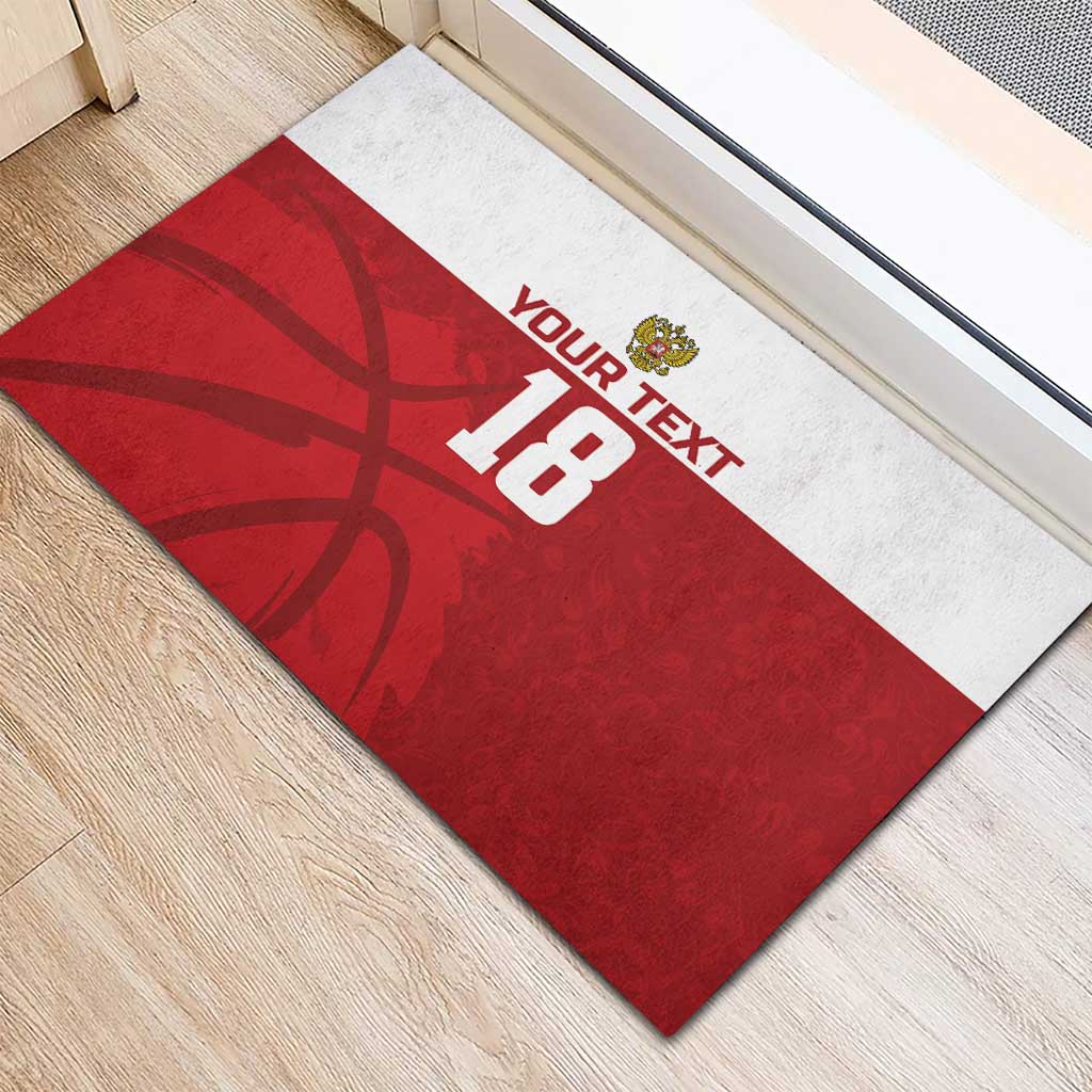 Red custom basketball doormat with white center stripe, crown badge, and 18
