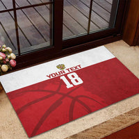 Red custom basketball doormat with white stripe, crown emblem, and large 18