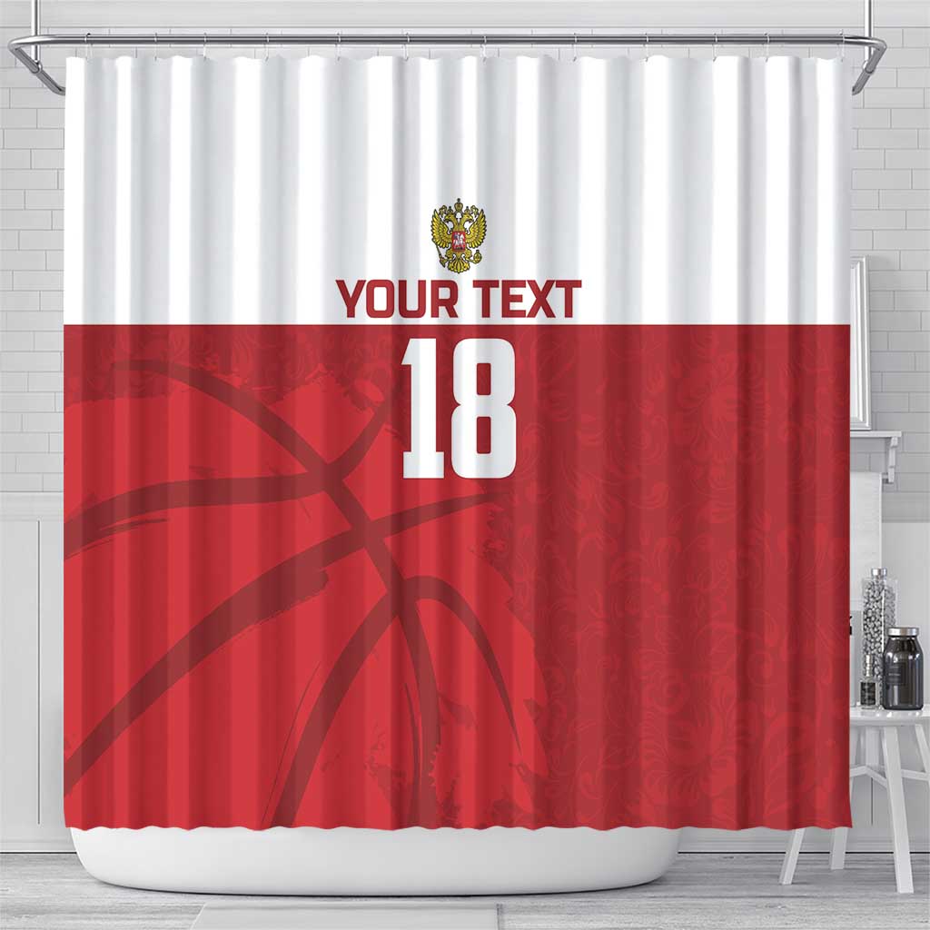 Russia-themed shower curtain in red and white with crest, "YOUR TEXT" and "18"