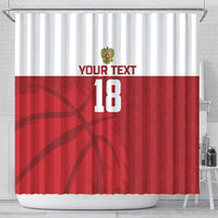 Russia-themed shower curtain in red and white with crest, "YOUR TEXT" and "18"