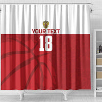 Red and white shower curtain featuring crest, "YOUR TEXT" and number "18"