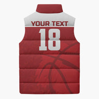 Unisex red sleeveless puffer vest with back print YOUR TEXT 18, stand collar, full-zip