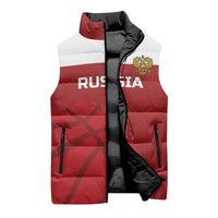 Unisex red sleeveless puffer vest with black lining, open front, stand collar, full-zip