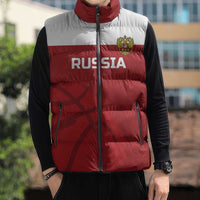Unisex red and white sleeveless puffer vest with crest patch, stand collar, full-zip, zip pockets