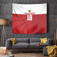 Custom basketball tapestry with red and white design, basketball graphic, "YOUR TEXT" "18"