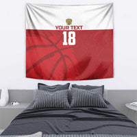 Custom basketball tapestry, red-and-white with basketball graphic, "YOUR TEXT" and "18"