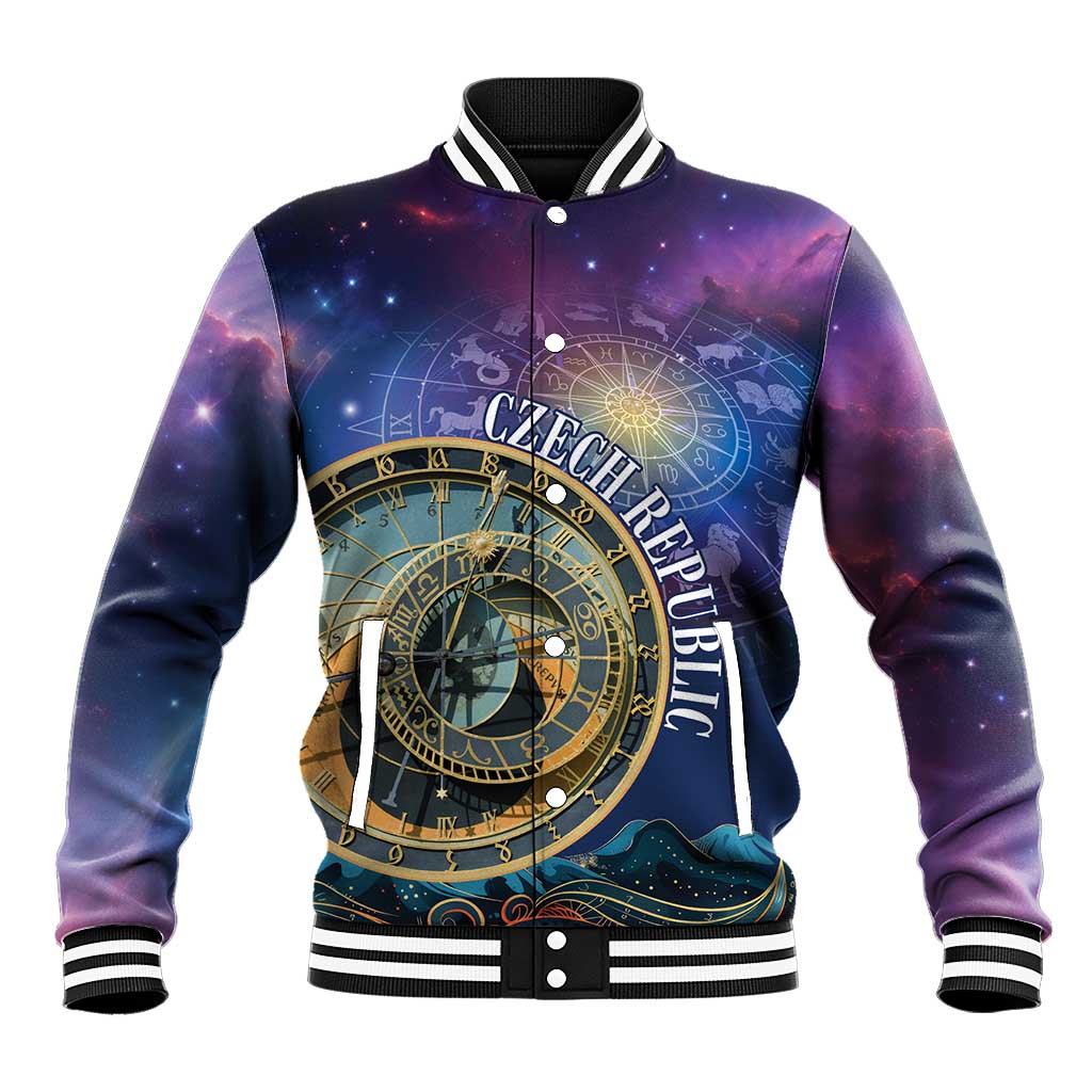 Purple space baseball jacket with gold astronomical clock and zodiac signs, ribbed cuffs