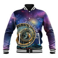 Purple space baseball jacket with gold astronomical clock and zodiac signs, ribbed cuffs
