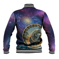 Back view purple space baseball jacket with large gold clock face, striped ribbed collar