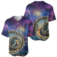 Purple baseball jersey front and back pair with gold clock face and star sky print