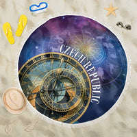 Round purple and blue zodiac beach blanket with Czech Republic clock print and white fringe edge