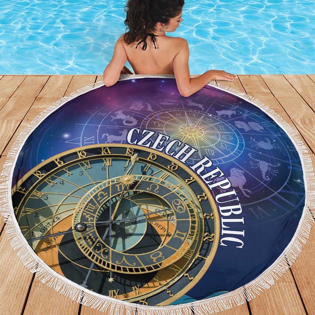 Round purple and blue zodiac beach blanket with Czech Republic clock-and-stars print and white fringe
