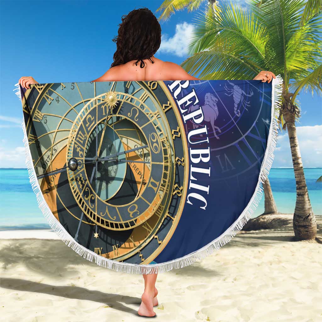 Fringed round zodiac beach blanket with Czech Republic clock print on purple-and-blue background