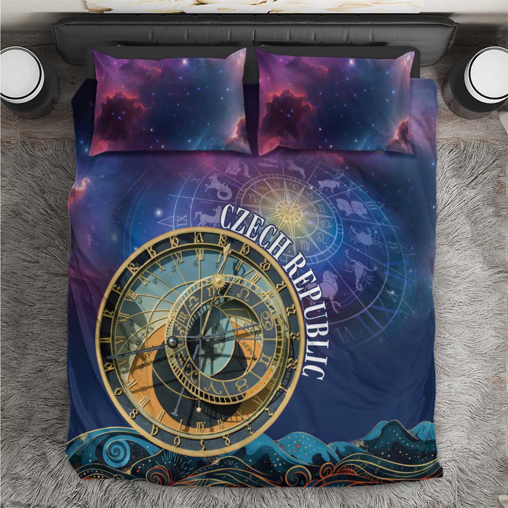 Purple and blue astronomical zodiac bedding set with decorative clock compass print and two pillows
