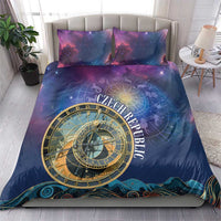 Purple-blue duvet and pillow set featuring zodiac clock compass wheel artwork