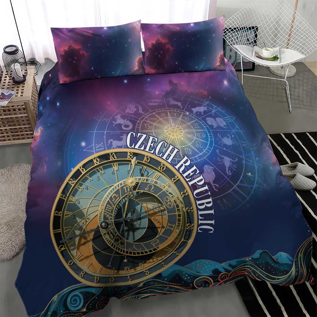 Purple-blue bedding set with central zodiac clock compass circle and two matching pillows