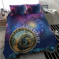 Purple-blue bedding set with central zodiac clock compass circle and two matching pillows