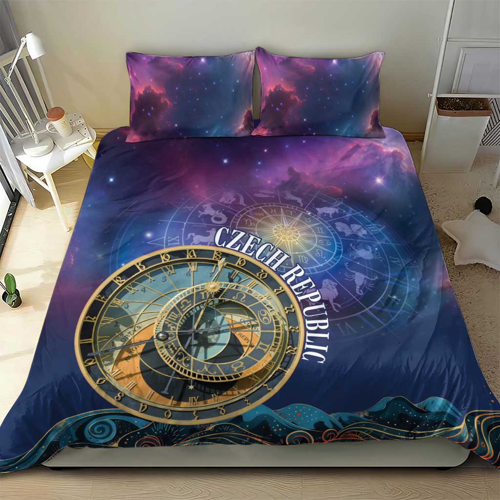 Purple-blue duvet with zodiac clock compass design and two coordinated decorative pillows