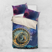 Purple and blue bedding set showing zodiac clock compass print with two square pillows