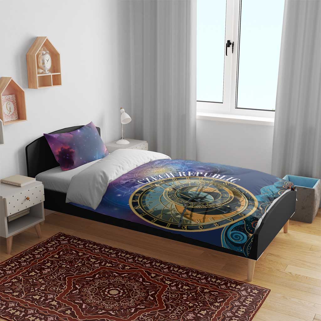 Purple-blue duvet bedding set with zodiac clock compass wheel design and two pillows