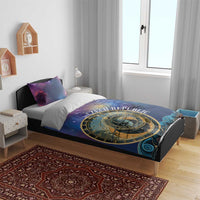 Purple-blue duvet bedding set with zodiac clock compass wheel design and two pillows