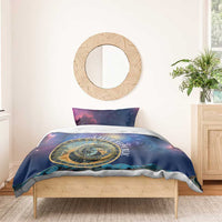 Purple-blue duvet on bed with zodiac clock compass circular print and matching pillowcases