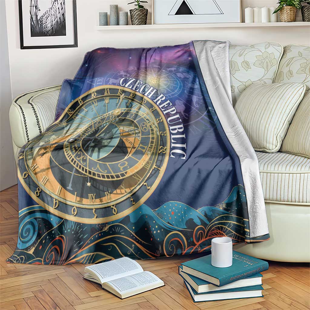 Purple astronomical clock zodiac blanket with gold circular gear design and Czech text