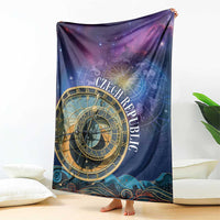 Purple-blue blanket with gold astrological clock face and Czech Republic lettering, draped