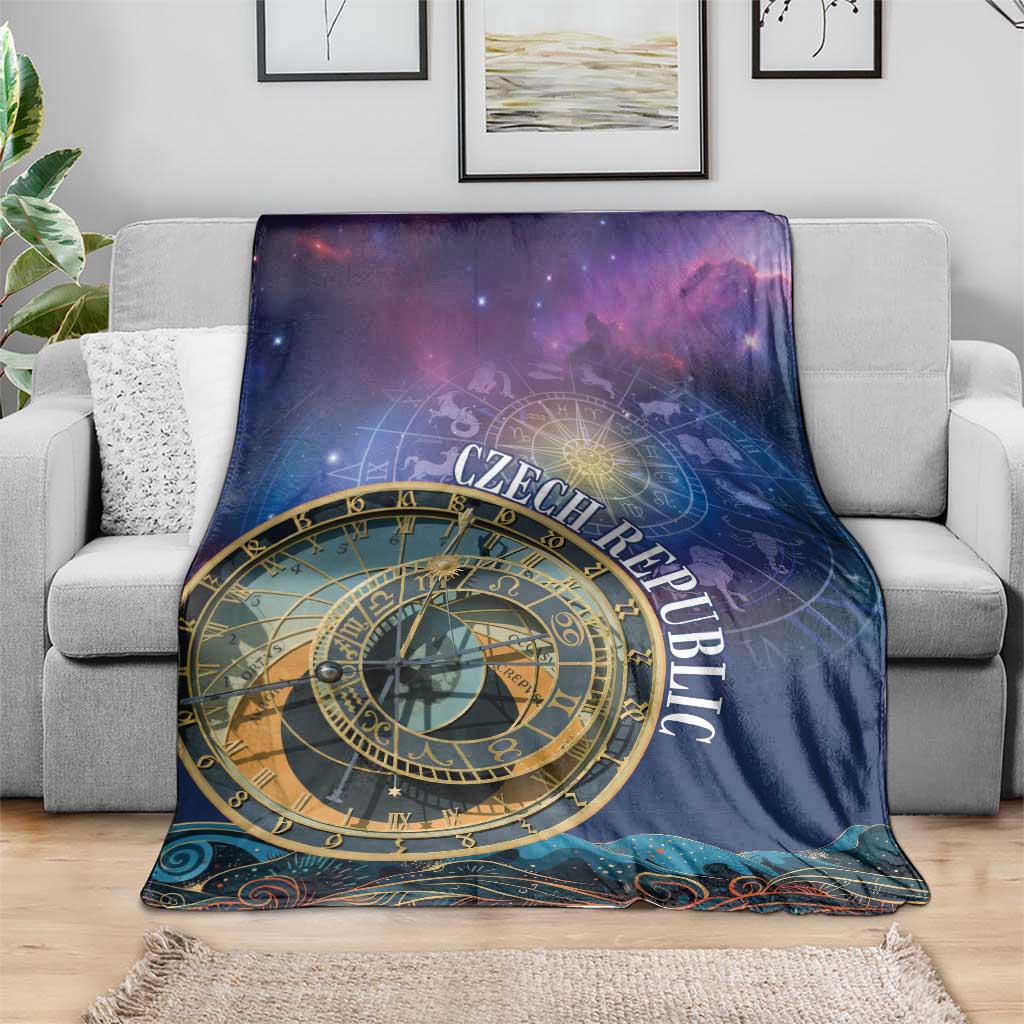 Purple space-themed blanket with gold zodiac dial and Czech Republic text on sofa
